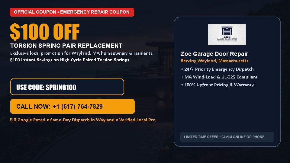 $100 OFF Dual High-Cycle Torsion Spring Replacement in Wayland, MA - Zoe Garage Door Repair